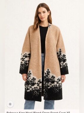 Rebecca King Wool Blend Open Front Coat XS Oversized Floral Jacquard